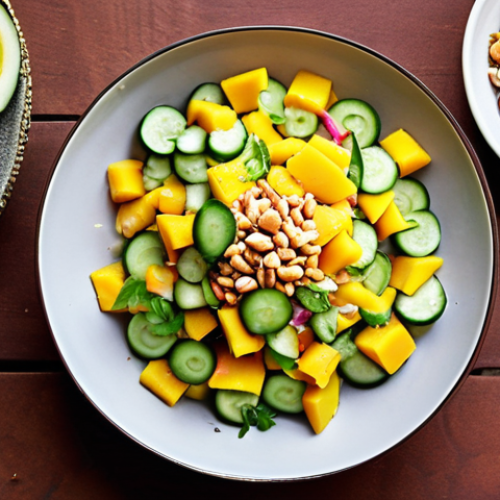Home 11 **Image:** A vibrant Mango and Cucumber Salad, showcasing the fresh ingredients like diced mangoes, cucumbers, red onions, and chili padi, drizzled with lime juice. A sprinkle of crushed peanuts adds texture.