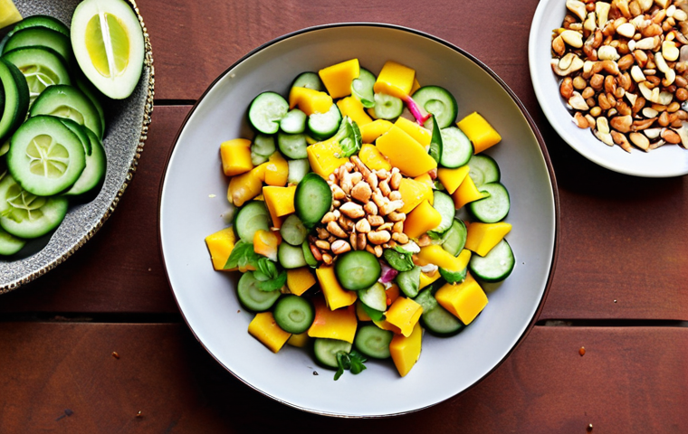 **Image:** A vibrant Mango and Cucumber Salad, showcasing the fresh ingredients like diced mangoes, cucumbers, red onions, and chili padi, drizzled with lime juice. A sprinkle of crushed peanuts adds texture.