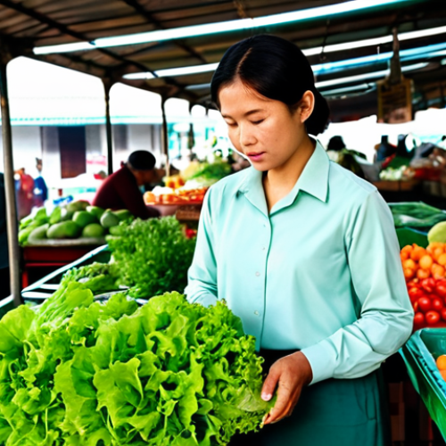 Home 6 A professional woman in a modest, long-sleeved blouse and trousers, standing at a vibrant Malaysian local market (pasar tani) in the early morning. She is carefully inspecting a bunch of fresh, crisp green lettuce, holding it gently to check its color and texture. Sunlight streams through the stalls, highlighting the abundant, high-quality produce. The scene captures the essence of fresh selection.
* **Quality Modifiers:** Professional photography, high resolution, natural light, realistic, perfect anatomy, correct proportions, well-formed hands, proper finger count, natural body proportions.
* **Safety Terms:** Fully clothed, modest clothing, appropriate attire, professional dress, safe for work, appropriate content, family-friendly.