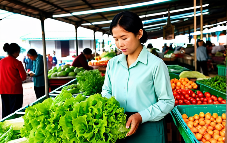 A professional woman in a modest, long-sleeved blouse and trousers, standing at a vibrant Malaysian local market (pasar tani) in the early morning. She is carefully inspecting a bunch of fresh, crisp green lettuce, holding it gently to check its color and texture. Sunlight streams through the stalls, highlighting the abundant, high-quality produce. The scene captures the essence of fresh selection.
    *   **Quality Modifiers:** Professional photography, high resolution, natural light, realistic, perfect anatomy, correct proportions, well-formed hands, proper finger count, natural body proportions.
    *   **Safety Terms:** Fully clothed, modest clothing, appropriate attire, professional dress, safe for work, appropriate content, family-friendly.